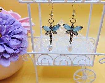 Whimsical Dragonfly Dangle Earrings | Enchanted Fairy Earrings | Pearl and Gold Accents | 2.25&quot; Long