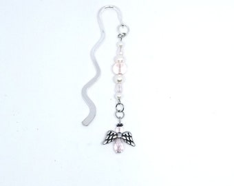 Pink Ribbon Bookmark | Breast Cancer | Pink Beads | Beaded Shepherds Hook Bookmark | Beaded Angel with Wings | Survivor | Caregiver (B4)
