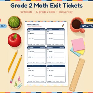 Puede incluir: Un documento PDF imprimible titulado Grade 2 Math Exit Tickets que contiene 60 problemas matemáticos en 14 páginas. La hoja presenta seis secciones de tickets de salida con sumas, líneas para nombres y casillas de autoevaluación.