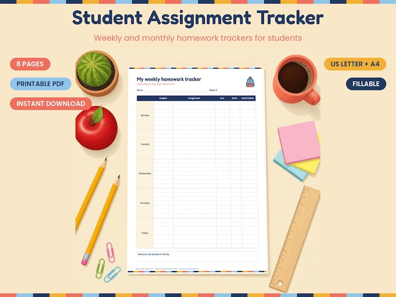 Student Assignment Tracker Printable, Homework Planner for Kids, Weekly ...