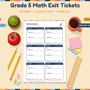 Puede incluir: Tickets de salida de matemáticas de 5º grado en PDF imprimible con 60 tickets, 10 habilidades y una clave de respuestas. El documento presenta seis problemas matemáticos por página con multiplicaciones, líneas de nombre y casillas.