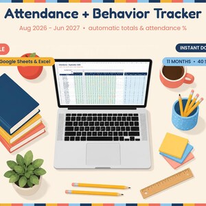 Peut inclure: Un modèle numérique Attendance + Behavior Tracker pour Google Sheets et Excel, avec un ordinateur portable affichant une feuille de calcul de suivi des élèves, des livres, une pomme rouge, une tasse, des crayons, une règle et une plante.