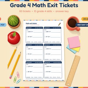 Puede incluir: Un conjunto de tickets de salida de matemáticas de 4º grado en formato PDF imprimible con 60 tickets sobre 10 habilidades y una clave de respuestas. Incluye seis problemas de multiplicación por página, líneas para nombres y casillas.