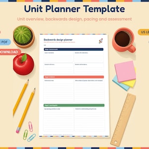 May include: A Unit Planner Template document featuring sections for desired results, evidence, and learning plans. The page includes the text Backwards design planner, a small rocket icon, two yellow pencils, a wooden ruler, a red apple, a cactus, a coffee mug, and colorful sticky notes.