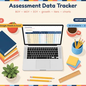 Könnte beinhalten: Eine digitale Vorlage zur Verfolgung von Bewertungsdaten auf einem Laptop-Bildschirm mit Spalten für Schülernamen und Fächer. Die Grafik enthält einen Bücherstapel, eine Topfpflanze, Bleistifte, ein Lineal, Haftnotizen und eine Kaffeetasse.