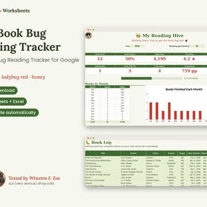 May include: The Book Bug Reading Tracker digital spreadsheet for Google Sheets and Excel features a dashboard titled My Reading Hive with reading statistics, a bar chart of books finished by month, and a detailed book log table with columns.