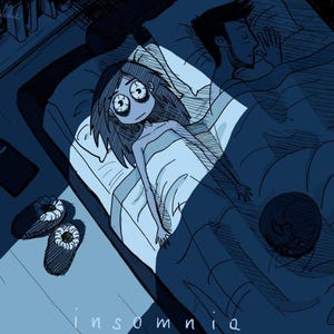 May include: A digital illustration in shades of blue depicting a person lying awake in bed with wide eyes while another person sleeps beside them. A clock shows 2:30 am, slippers are on the floor, and the word insomnia is written at the bottom.