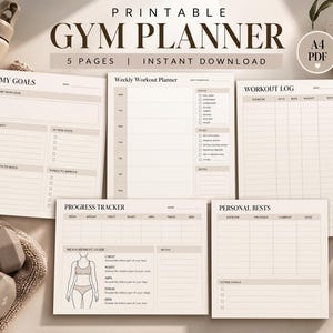 Può includere: Un set di pianificatori per palestra stampabili composto da cinque pagine, tra cui un piano di allenamento settimanale, registro esercizi, tracker dei progressi, record personali e obiettivi. I documenti sono in formato A4 con sezioni per le misure.