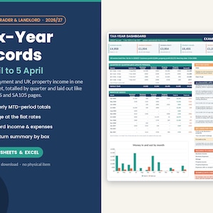 May include: A digital tax-year records spreadsheet for UK sole traders and landlords for 2026/27. The document features a tax-year dashboard, quarterly MTD-period totals, mileage tracking, landlord income and expenses, and a tax return summary by box.