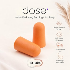 May include: Two orange foam earplugs labelled dose Noise-Reducing Earplugs for Sleep. The text indicates 10 Pairs and features icons for noise reduction, soft foam structure, comfortable fit, and use for sleep and travel on a light background.