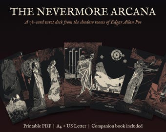 Edgar Allan Poe Tarot Deck Printable, 78 Gothic Collage Tarot Cards PDF with Guidebook, Dark Academia Gift