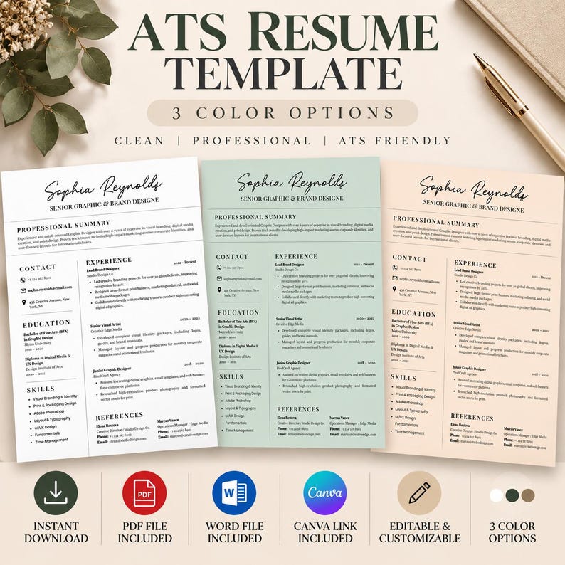 ATS Resume Template, Editable Word & Canva CV, Professional Minimalist ...