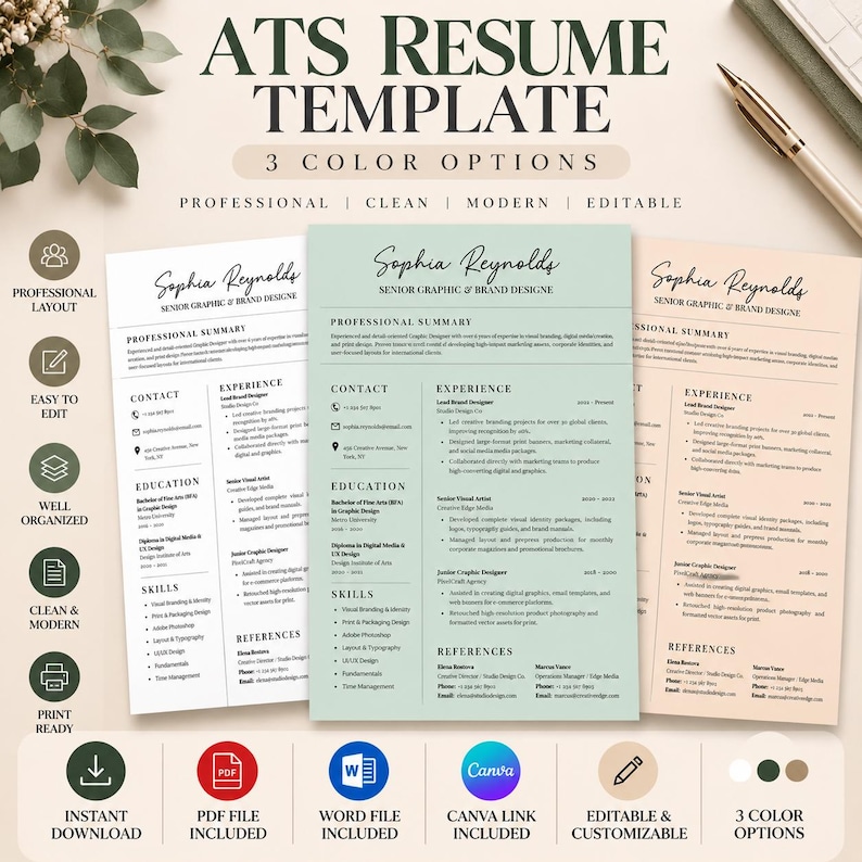 ATS Resume Template, Editable Word & Canva CV, Professional Minimalist ...