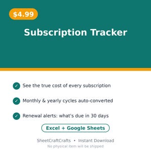 May include: A digital subscription tracker template featuring a teal header with the text Subscription Tracker, followed by a list of features including cost tracking, cycle conversion, and renewal alerts, compatible with Excel and Google Sheets.