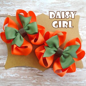 May include: Two orange and green hair bows with brown centers. The bows are on a brown card with the text "DAISY GIRL" in white.