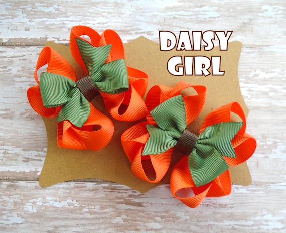 Fall Pumpkin Octopus Ribbon Bow Pigtail Set, Halloween Costume Hair Bow, Girls Autumn Pigtail Hair Bows, Little Girls Thanksgiving Bows..
