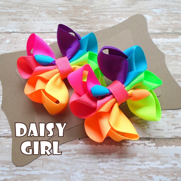 Neon Bright Retro Rainbow Octopus Ribbon Hair Bow Pigtail Set or Single Bow, Gifts for Girls, Summer Hair Bows, Little Girls Bows.