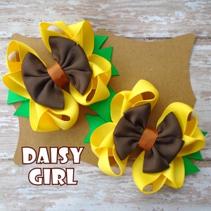 Fall Sunflower Octopus Ribbon Bow Pigtail Set, Autumn Hair Bow, Girls Autumn Pigtail Hair Bows, Little Girls Summer Bows, Gifts for Girls.