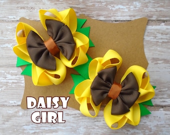 Fall Sunflower Octopus Ribbon Bow Pigtail Set, Autumn Hair Bow, Girls Autumn Pigtail Hair Bows, Little Girls Summer Bows, Gifts for Girls.