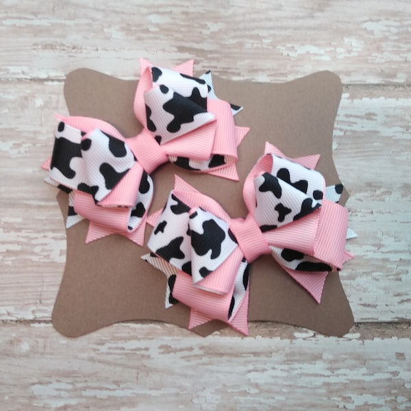 Cow Print and Pink Sassy Ribbon Hair Bow Pigtail Set, Cowgirl Mini Hair Bow Set, Farm Twin Hair Bows, Country Girl Boutique Girls Hair Bow.