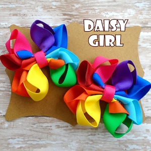 Bright Rainbow Octopus Ribbon Hair Bow Pigtail Set or Single Bow, Primary Color Hair Bow, Summer Girls Hair Bows, Gifts for Girls.