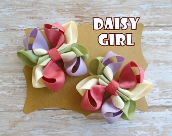 Country Chic Octopus Ribbon Hair Bow Pigtail Set or Single Bow, Rustic Girls Pigtail Hair Bows, Shabby Chic Little Girls Bows.