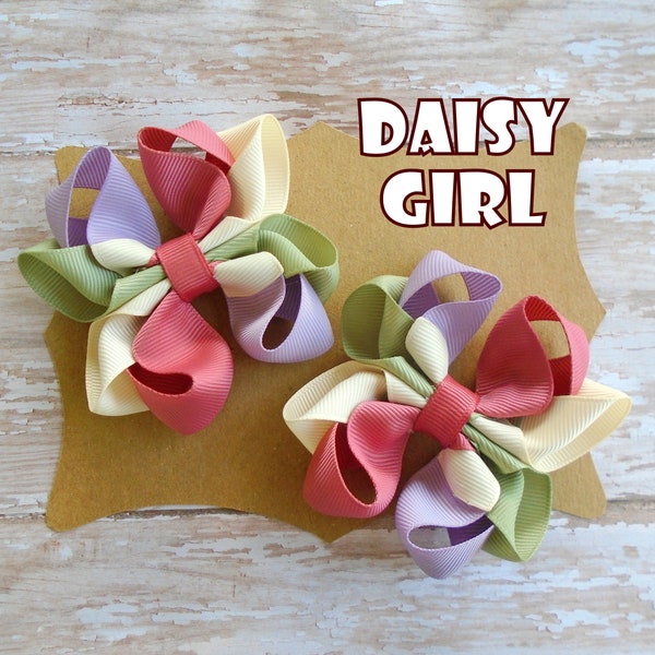 Country Chic Octopus Ribbon Hair Bow Pigtail Set or Single Bow, Rustic Girls Pigtail Hair Bows, Shabby Chic Little Girls Bows.