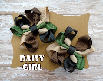 Camo Octopus Ribbon Hair Bow Pigtail Set or Single Bow, Army Hair Bow, Hunting Hair Bows, Military Hair Bows, Army Brat Bow.