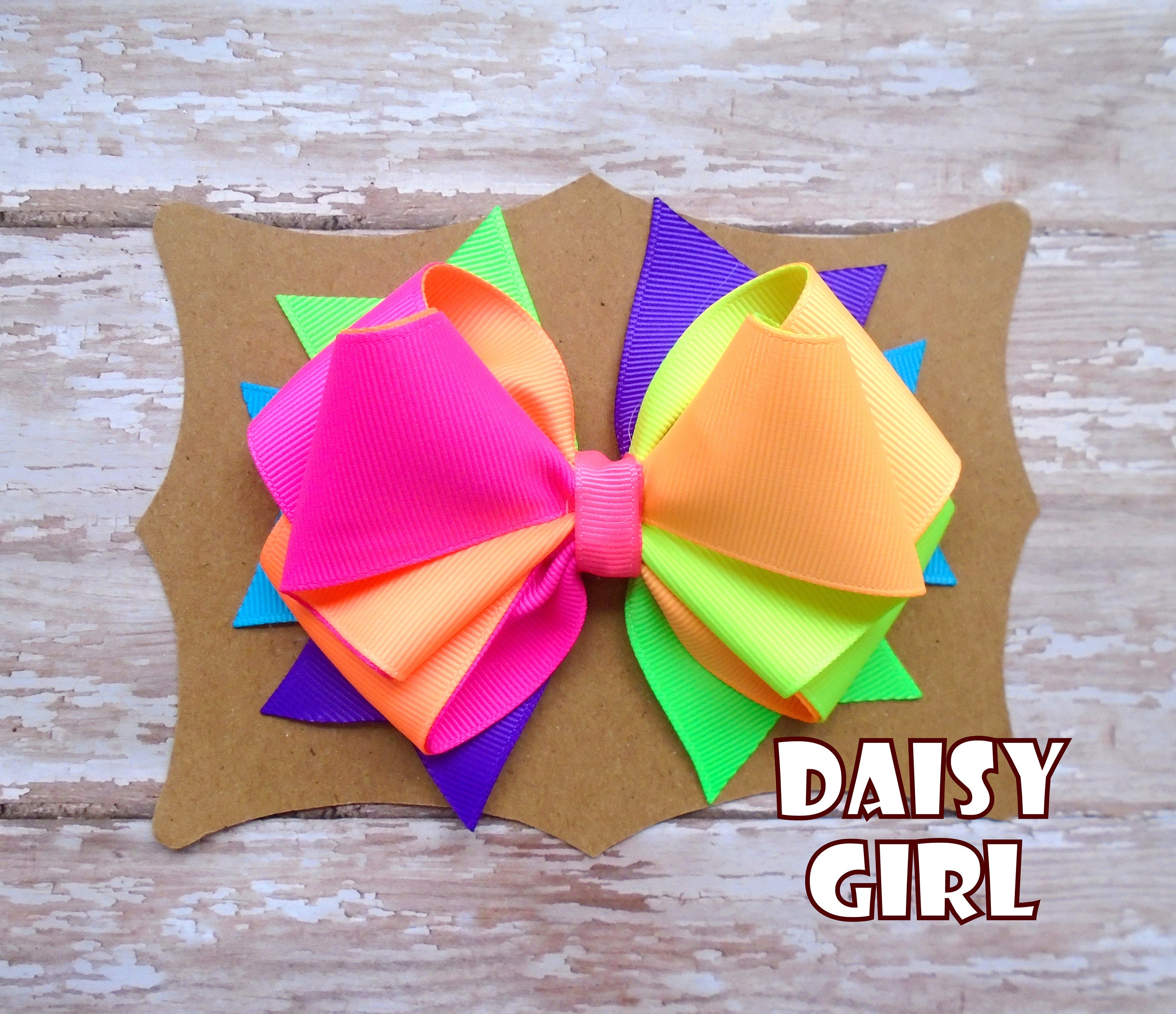 5 Inch Neon Rainbow Sassy Hair Bow, Summer Hair Bow, Birthday Party Hair Bow, Girls Hair Bow.