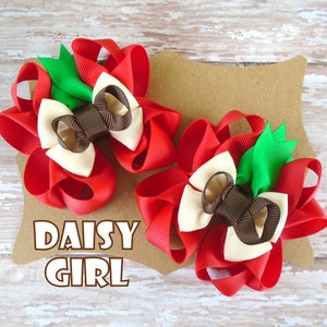 Fall Apple Back To School Octopus Ribbon Hair Bow Pigtail Set, Apple Festival Hair Bow, Girls Autumn Hair Bows, Little Girls Country Bows.
