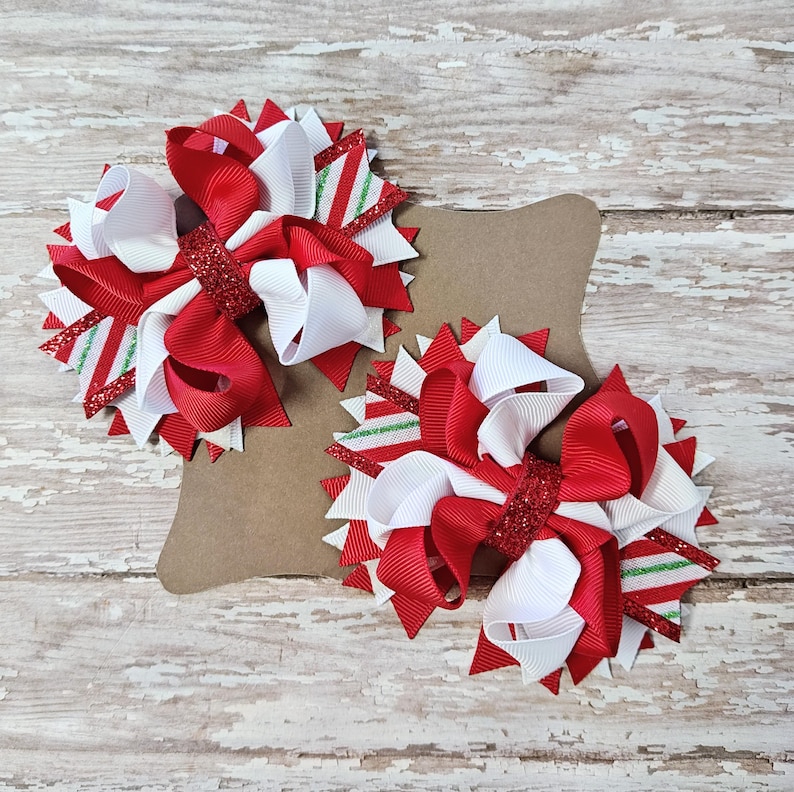 Christmas Candy Cane Stacked Ribbon Hair Bow, Single or Pigtail Set ...