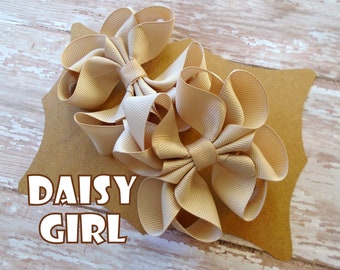 Tan Khaki Octopus Ribbon Hair Bow Pigtail Set or Single Bow, Girls Pigtail Hair Bows, Little Girls Bows.