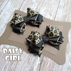 Leopard Print Sassy Ribbon Hair Bow Pigtail Set, Cheetah Hair Bow For Girls, Mini Hair Bow, Wild Animal Print Hair Bows, Girls Hair Bow.