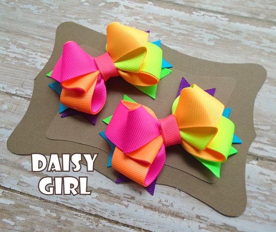 Neon Rainbow Ribbon Hair Bow Single Bow or Pigtail Set, Summer Bow