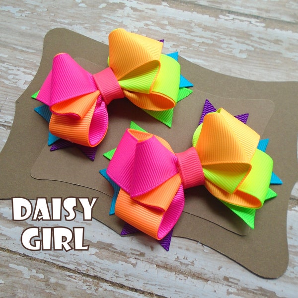 Neon Rainbow Ribbon Hair Bow Single Bow or Pigtail Set, Summer Bow, Bright Colored Boutique Girls Hair Bow, Gifts for Girls.