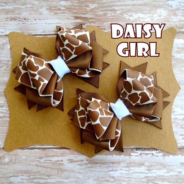 Giraffe Print Sassy Ribbon Hair Bow Pigtail Set, Animal Print Hair Bow For Girls, Mini Hair Bow, Zoo Hair Bows, Girls Hair Bow.