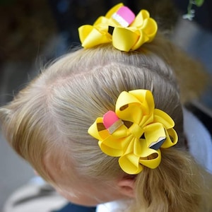 Back To School Pencil Octopus Ribbon Hair Bow Pigtail Set or Single Bow, First Day of School Hair Bow, Pigtail Hair Bows, Little Girls Bows.