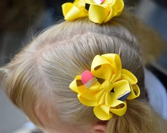 Back To School Pencil Octopus Ribbon Hair Bow Pigtail Set or Single Bow, First Day of School Hair Bow, Pigtail Hair Bows, Little Girls Bows.