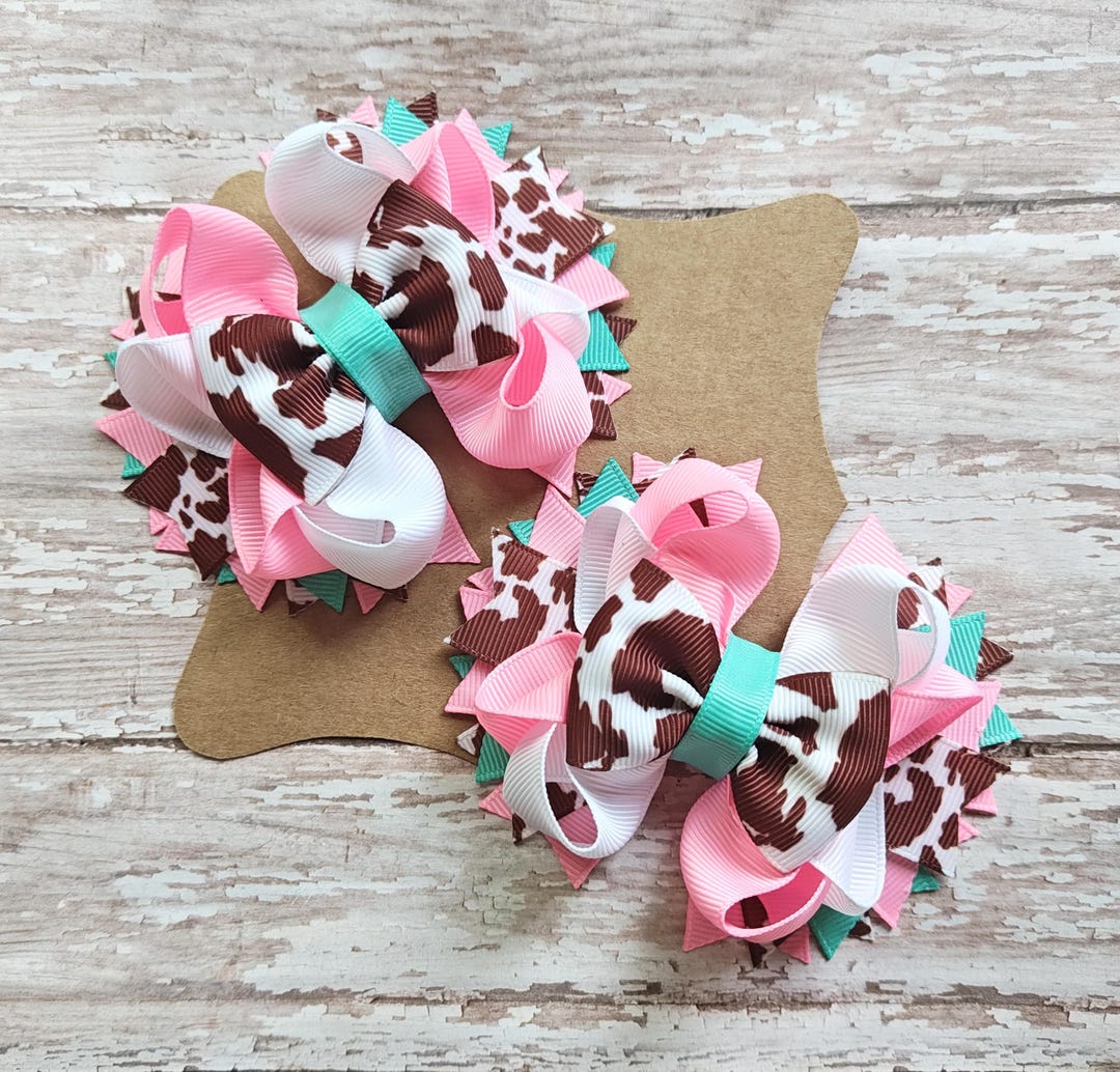 Cow Ribbon Ramo Pink and Brown Cow Print Ribbon Stacked Hair Bow, Cowgirl Single or ...