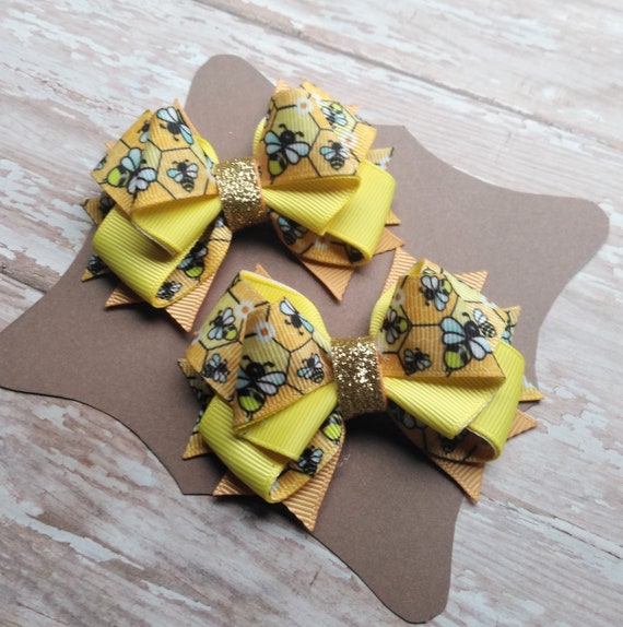 Honey Bee Sassy Hair Bow Single or Pigtail Set, Bumblebee Cutie
