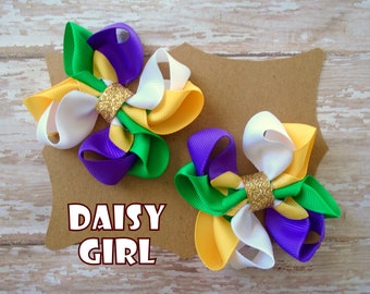 Mardi Gras Octopus Ribbon Hair Bow Pigtail Set or Single Bow, New Orleans Hair Bow, Fat Tuesday Girls Pigtail Hair Bows, Little Girls Bows.