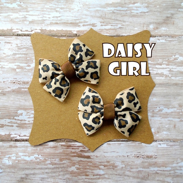 Tiny 2 Inch Ribbon Hair Bow Pigtail Set, Leopard Costume Bow, Cheetah Print Girls Hair Bow, Zoo Day Bow, Wild Animal Bow.