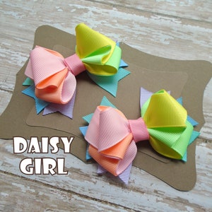 Pastel Rainbow Sassy Hair Bow Pigtail Set, Summer Bow, Mini Hair Bow Set, Twin Hair Bows, Soft Colored Boutique Girls Hair Bow.