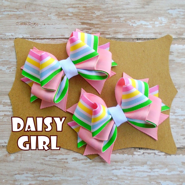 Pastel Rainbow Stripes Sassy Ribbon Hair Bow Pigtail Set, Spring Hair Bow For Girls, Small Girls Summer Hair Bow.