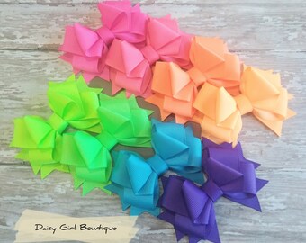3.5 Inch Choose One or a Set of 8 Sassy Ribbon Hair Bow Clips, Neon Rainbow Bow Set, Made In USA.