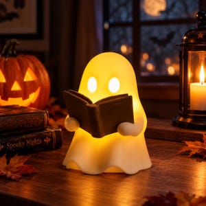 May include: A glowing, off-white ghost-shaped lamp featuring two oval eyes and a rounded head. The ghost figure is holding an open, dark-colored book in its hands. The lamp emits a warm, soft yellow light, illuminating the surrounding area.