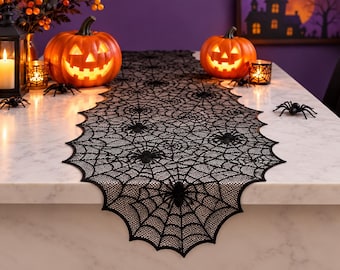 Black Lace Spider Web Table Runner, Gothic Halloween Decor (72 Inch)