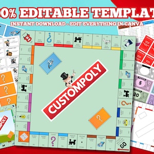 Peut inclure: Un modèle de jeu de plateau comprenant un plateau central avec un centre vert clair, une bannière diagonale rouge portant l'inscription CUSTOMPOLY et un personnage de dessin animé avec un haut-de-forme. Inclut des cartes.