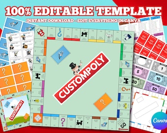 Puede incluir: Una plantilla de juego de mesa con un tablero central de color verde claro, una banda diagonal roja con el texto CUSTOMPOLY y un personaje de dibujos animados con sombrero de copa. Incluye tarjetas, dinero y fichas.