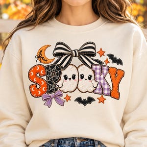 Patchwork Halloween Spook PNG, Spooky Coquette Strik, Gingham & Kant Spook Shirt Ontwerp, Digitale Download
